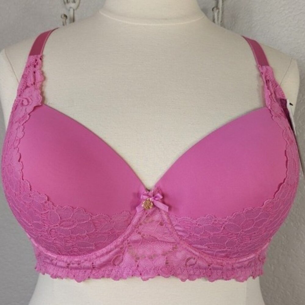 Daisy Fuentes 42D Bra Pink Underwire Longline Lace Trim Molded Cup